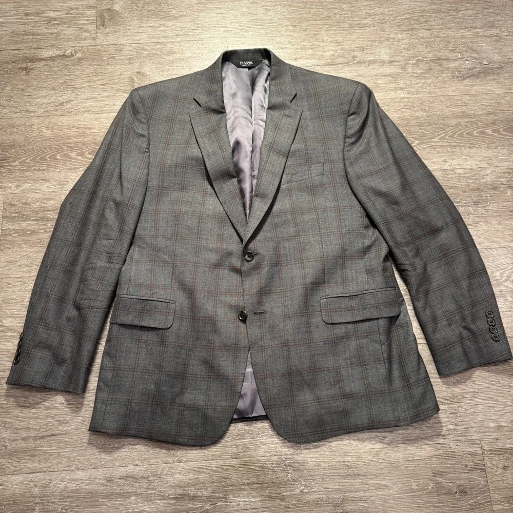 Jos A Bank Sport Coat 44 R Gray Plaid Silk Wool Blend Two Button Blazer Jacket